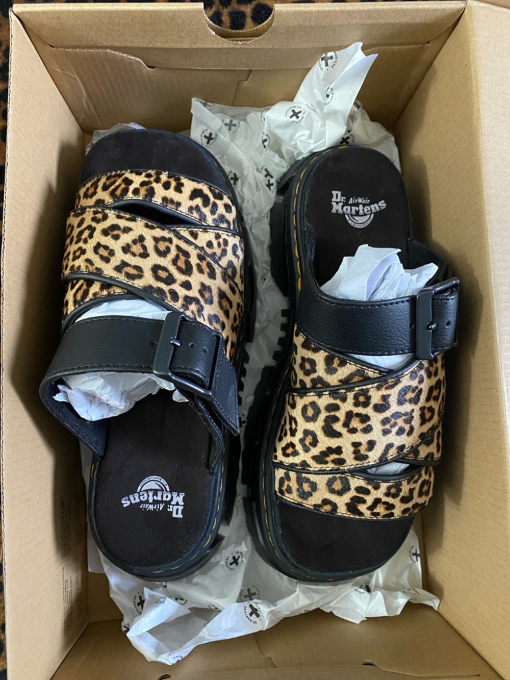 Dr. Martens Leopard Print & Black Leather Slide Sandals - Picture 3 of 5